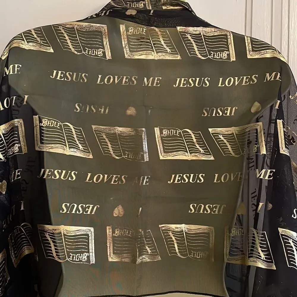 Vtg kitschy‎ black & gold polyester “Jesus Loves Me” & “I love Jesus” scarf wrap